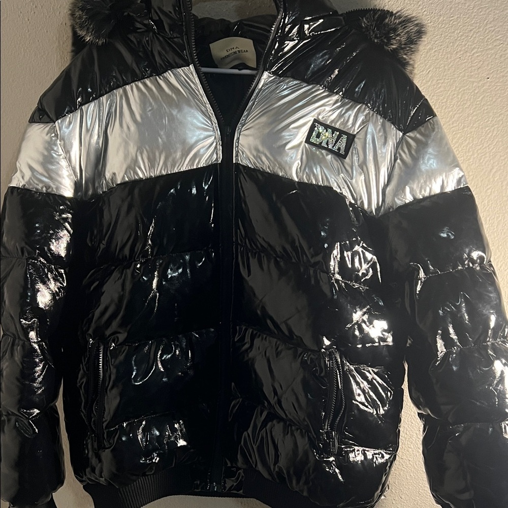 DNA Couture Glossy Black and Silver Puffer Jacket